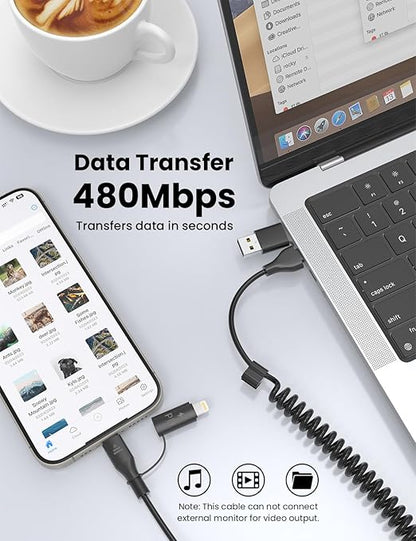 Coiled USB-C and Lightning Cable 2-in-1, 3FT iPhone 17 16 Car Charger Cord, 60W Fast Charging Cable for iPhone 15, Samsung Galaxy Supports Apple CarPlay & Android Auto (Black)