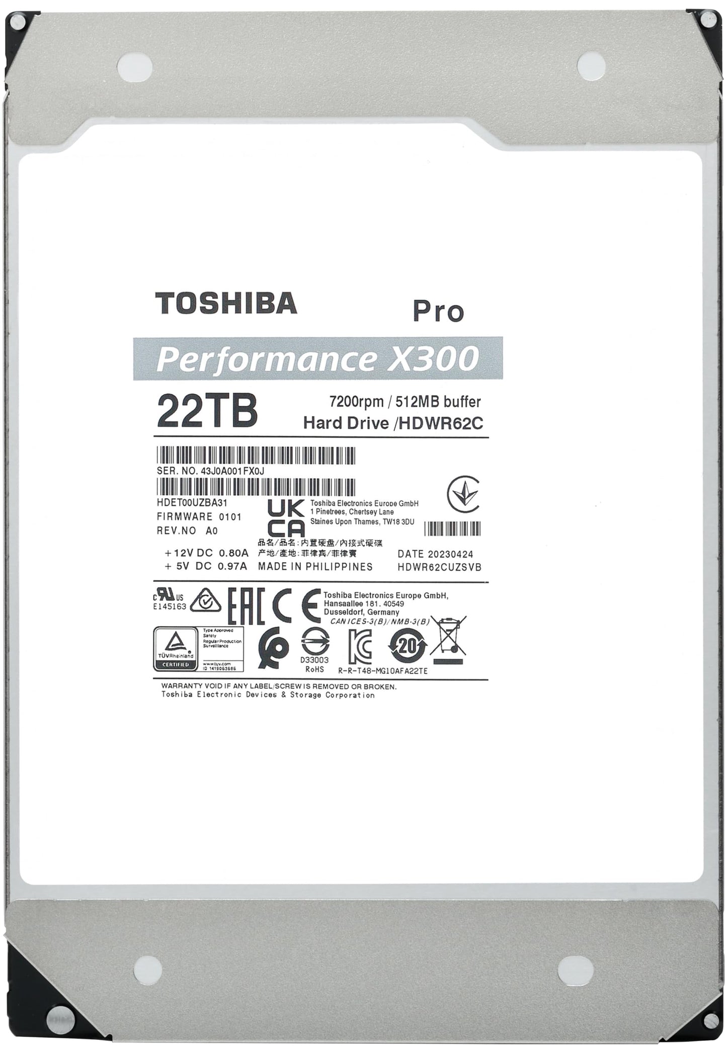 Toshiba X300 PRO 22TB High Workload Performance for Creative Professionals 3.5-Inch Internal Hard Drive – Up to 300 TB/Year Workload Rate CMR SATA 6 Gb/s 7200 RPM 512 MB Cache - HDWR62CXZSTB
