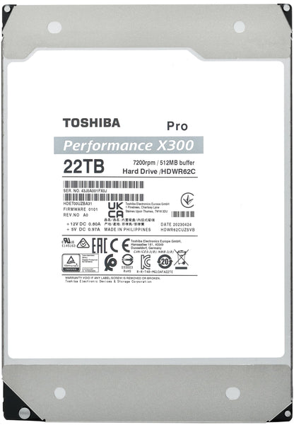 Toshiba X300 PRO 22TB High Workload Performance for Creative Professionals 3.5-Inch Internal Hard Drive – Up to 300 TB/Year Workload Rate CMR SATA 6 Gb/s 7200 RPM 512 MB Cache - HDWR62CXZSTB