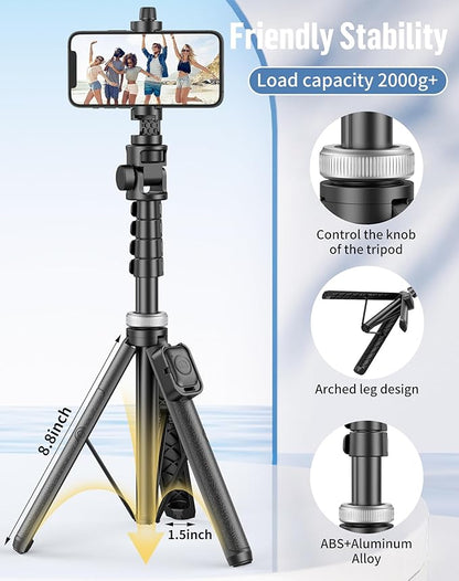 Selfie Stick for iPhone:Selfie Stick Tripod with Remote,Tripod for Video Recording,is Content Creator's Vlogging Kit,Compatible with Android, Camera, Also a Gopro Trip