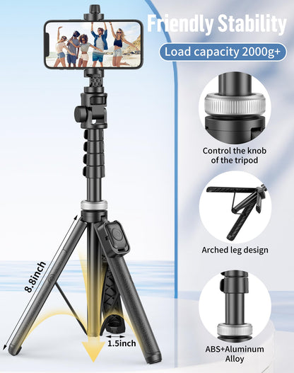 POVODO Selfie Stick for iPhone:Selfie Stick Tripod with Remote,Tripod for Video Recording,is Content Creator's Vlogging Kit,Compatible with Android, Camera, Also a Gopro Trip