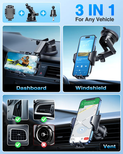 [True Military-Grade] Car Phone Holder VANMASS [Upgraded Strongest Suction&Clip] Cell Phone Mount for Dashboard Windshield Vent Kit, Truck Cradle Stand for iPhone 17 Pro Max 16 15 14 Android,Ink Black