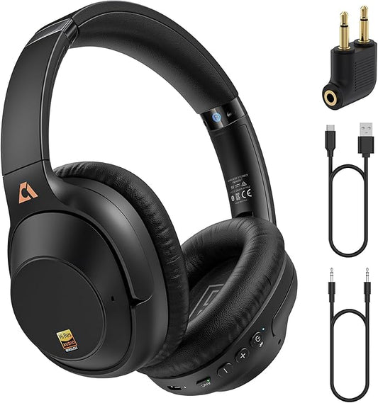 YMOO Bluetooth 5.3 Hybrid Active Noise Cancelling Headphones for Airplane Travel, Wired and Wireless ANC Headphones, 80H Playtime Over Ear Headphone, Low Latency Bluetooth Headset with Mic for Adults