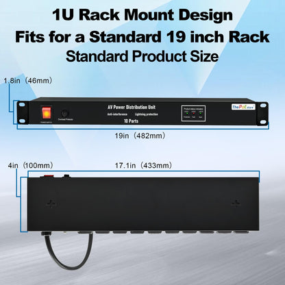 ThePoEstore 1U Horizontal PDU 19" Rack Mount Power Strip - Surge Protector