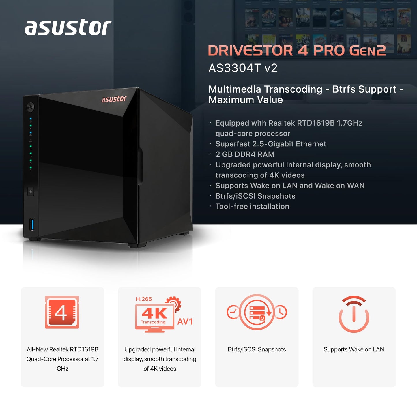 Asustor Drivestor 4 Pro Gen2 AS3304T v2, 4 Bay NAS, 1.7GHz Quad-Core, 2GB RAM DDR4, 2.5GbE High-Speed Network, Personal Media Server, Best Value Home Cloud, Network Attached Storage(Diskless)