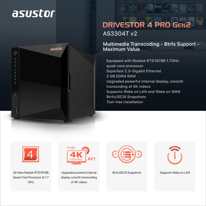 Asustor Drivestor 4 Pro Gen2 AS3304T v2, 4 Bay NAS, 1.7GHz Quad-Core, 2GB RAM DDR4, 2.5GbE High-Speed Network, Personal Media Server, Best Value Home Cloud, Network Attached Storage(Diskless)