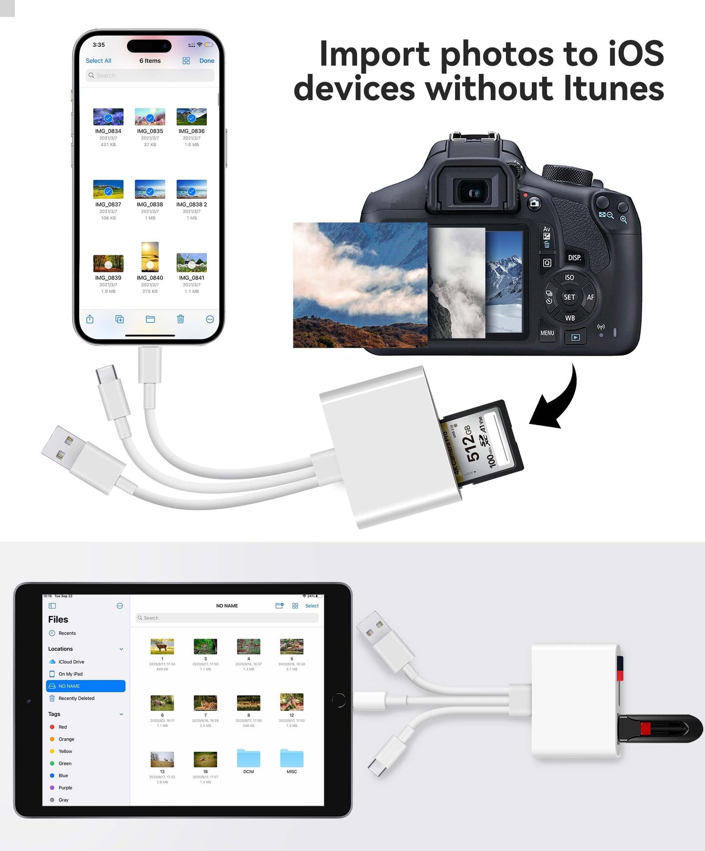 AkHolz SD Card Reader for iPhone iPad Mac Trail Game Camera Viewer Built-in 3-in-1 Connector (Lightening, USB-C and USB-A) with SD MicroSD USB-A 3 Slots, Portable No App Required Plug & Play - White