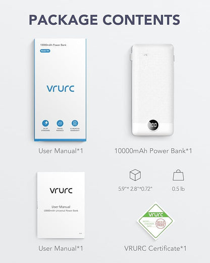 VRURC Portable Charger,Power Bank Built-in Cables and AC Wall Plug, USB C Portable Bank 10000mAh, Travel Essentials Phone Charger Compact External Battery Pack for Smart Phones, Tablets etc-White
