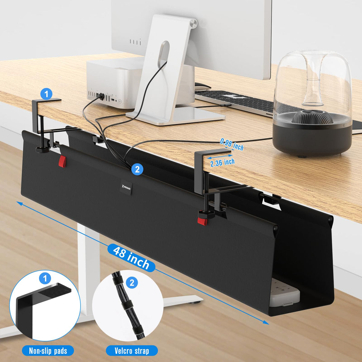 WISUGASO Under Desk Cable Management Tray for Table, No Drill 36" Cord Organizer with Cable Loop, Upgraded Oxford Fabric Wire Management for Office, Home - No Damage to Table