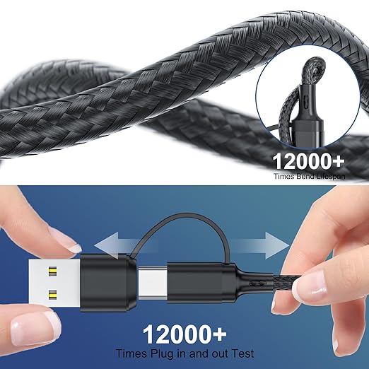 6 in 1 Multi Charging Cable 3Pack-6FT Multi USB Cable 3A Multi Charger Cable Braided Multiple Phone Charger Cable Universal USB A/C Charging Cord with 2*IP/Type C/Micro USB Port for Cell Phone/Tablets