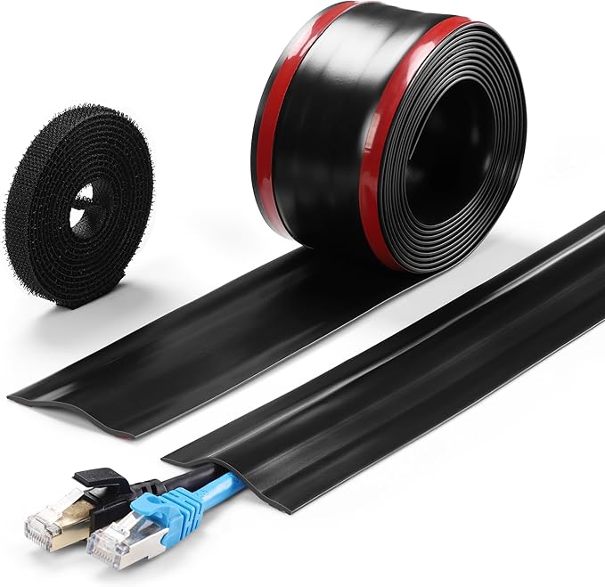 16.4ft Cord Cover Floor, Soft PVC Cord Covers for Wires on Floor, Self-Adhesive Floor Cable Cover Cord Hider, Floor Cable Management Cable Protector for Commercial Office Carpet/Floors/Wall Black