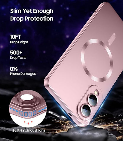 Magnetic for Samsung Galaxy S25 Edge Case [Compatible with MagSafe][Built-in Camera Lens Protector] Slim Soft Silicone Bumper Shockproof Metallic Luster Phone Case (Rose Gold)