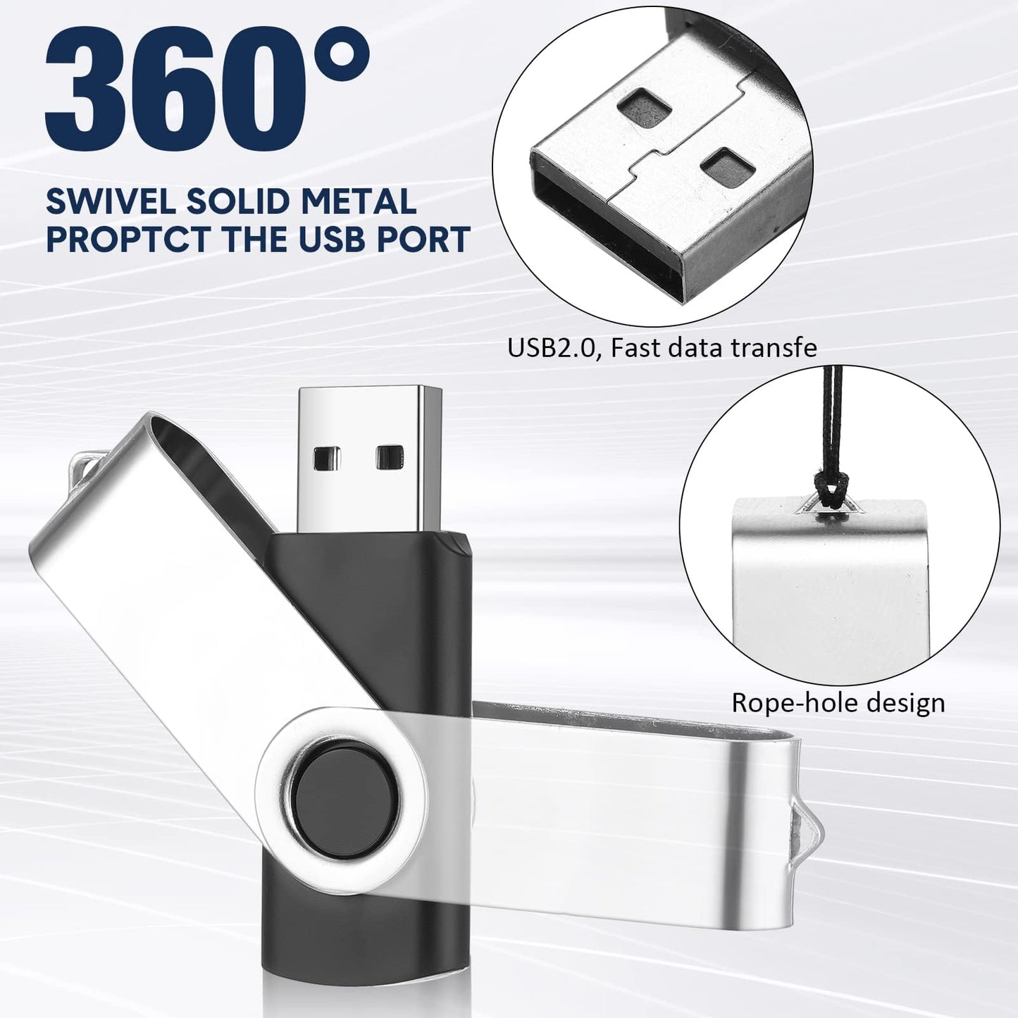 5 Pack 128GB USB Flash Drive with Type C Adapter and Storage Box USB 2.0 High Speed Metal Pen Drive 360° Rotatable Storage Memory Stick for Phone/Pad/PC/Laptop/Android - Black(5-Pack 128GB)