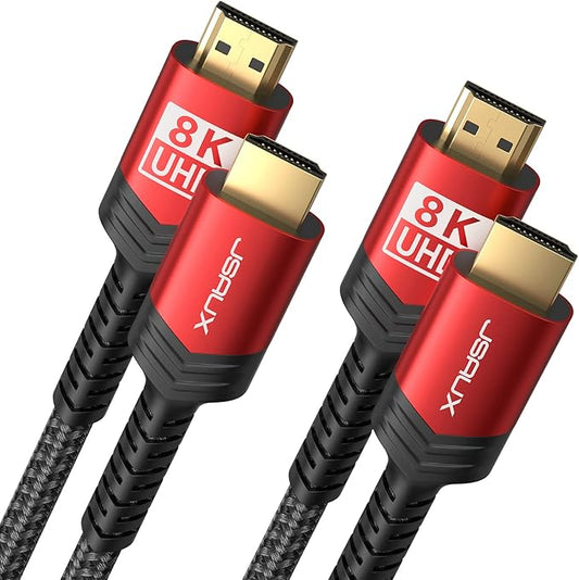 JSAUX 8K HDMI Cable 2 Pack 3ft, 48Gbps High Speed HDMI 2.1 Braided HDMI Cord, 4K 120Hz 144Hz, 8K 60Hz, Dynamic HDR, DTS:X, 2K, 1080P, 3D, eARC Compatible with Laptop, TV Gaming Monitor PS5 PS4 -Red