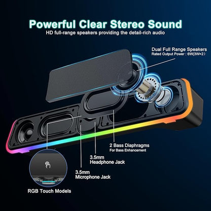 Computer Speakers - Wired USB Powered Bluetooth Computer Sound Bar with RGB & Volume Knob, HiFi Stereo Portable Gaming Sound Bar Speaker for Desktop Monitor, PC, Laptop, Tablets, Mac Air/Pro