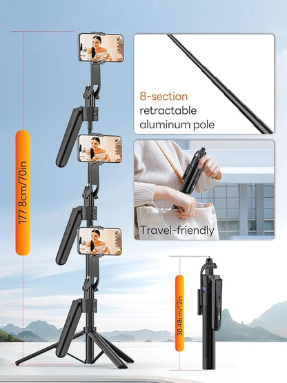 70” Auto Face Tracking Tripod, Extendable 360° Rotation Phone Tripod for iPhone and Android, Selfie Stick for iPhone w/Remote Control,Phone Holder Video Recording for TikTok(UTK-01)