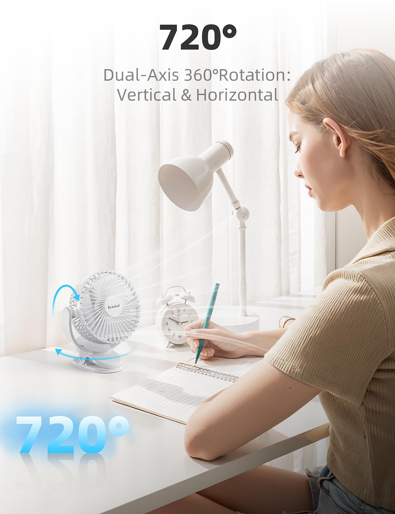 Svinkal usb Personal Clip on Fan 2400mAh Battery Operated 6in, Type C, 3 Speed, 720 adjustment, Small Portable Fan for Table, Bedroom, Desk, dormitory, Camping, Stroller, Golf Cart