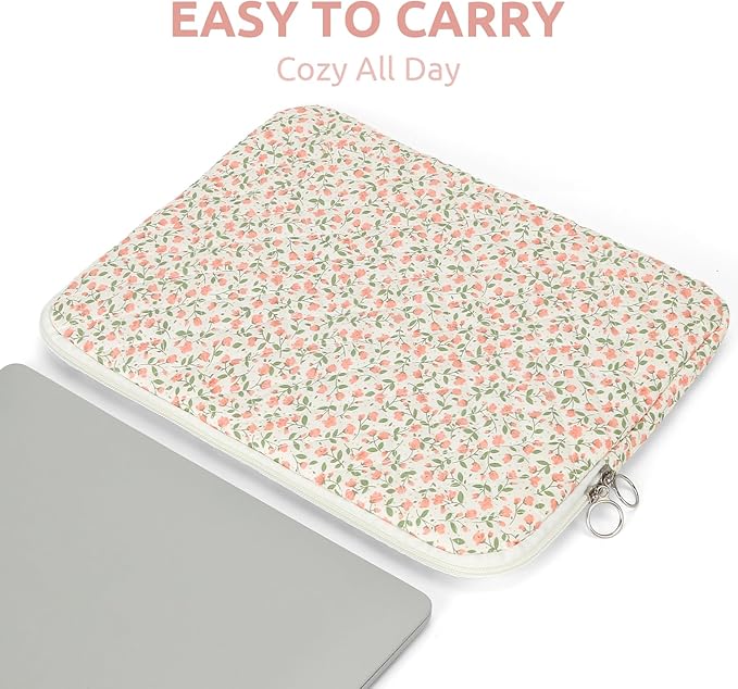 Puffy Laptop Sleeve 13-15.6 Inch Cute Quilted Laptop Protective Case Padded Floral Computer Sleeve for MacBook (B-Pink, 11 Inch)