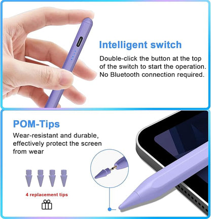 Stylus Pen for iPad 9th&10th - Type-c Charging Pencil for ipad Palm Rejection Active Pen Compatible with (2018-2025) Apple iPad 6/7/8/9/10/11(A16), Air 3/4/5/M2/M3, Mini 5/6, Pro 11"/12.9"/M4（Purple）