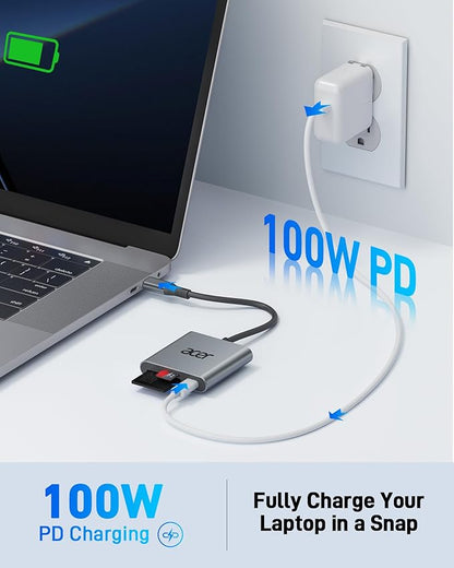 Acer SD 4.0 Card Reader, UHS-II Micro SD Reader USB C, Dual Slot Type C Memory Card Adapter with 100W PD Port for MicroSD SDXC SDHC UHS-II & UHS-I for iPhone 15/16, Laptop, MacBook(Grey)