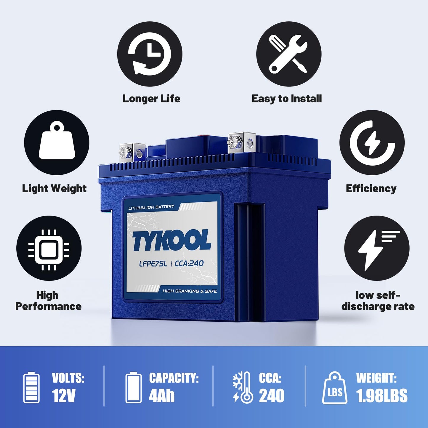 YTZ7S / YTX7L,12V 4Ah 240CCA LiFePO4 Motorcycle Battery, Powersports Battery for Honda KTM Yamaha Harely, Lithium Battery,For ATV, UTV, Snowmobile, Motocross, Lawn Mower, Jet Ski, Motorboat