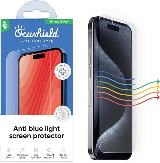 Ocushield Anti Blue Light Tempered Glass Screen Protector of for iPhone 15 Pro (6.1") – Blocks Blue Light, Prevents Eye Strain & Helps You Sleep Better, 9H Hardness & Case Friendly