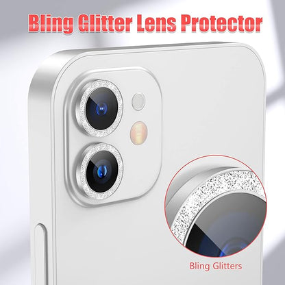 AGVEE 3+3 6 Pack for iphone 12 Pro/12/12 Mini/11 Pro Max/11 Pro/11 Camera Lens Cover Protector, Bling Diamond & Bling Glitter Metal Ring 9H Tempered HD Glass Camera Protector, Bling-Silver