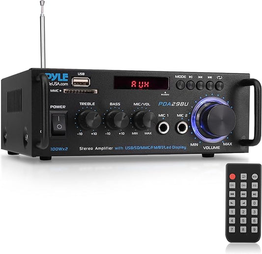 Pyle 200W Wireless Bluetooth Stereo Power Amplifier - 2-Channel Audio Receiver with RCA - USB - SD - MIC IN - FM Radio - Remote Control - AUX Input for Home Theater & Studio Use - PDA29BU.6