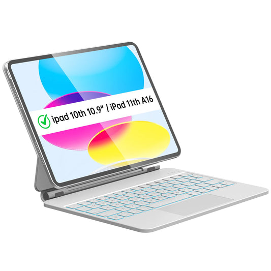 Otuoor Magic Keyboard for iPad 10th, Effortless Command, The Comfort Angle, iPad 11th (A16 2025) Case with Keyboard, Uninterrupted View, Snap Tight, 7 Color Backlight, Multi-Touch Trackpad, White