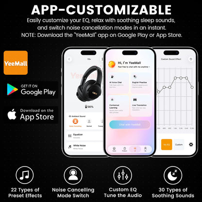 1Mii Y8+ Noise Cancelling Headphones Bluetooth 6.0 Over-Ear Wireless, Black