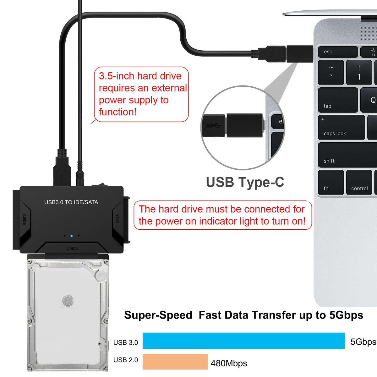 USB 3.0 to SATA IDE Adapter for 2.5" 3.5" SSD HDD Hard Drive Reader 5Gbps