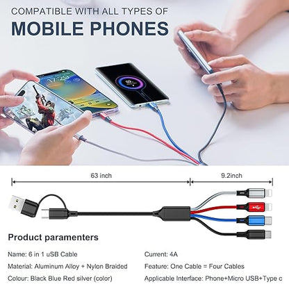 6 in 1 Multi Charging Cable 3Pack-6FT Multi USB Cable 3A Multi Charger Cable Braided Multiple Phone Charger Cable Universal USB A/C Charging Cord with 2*IP/Type C/Micro USB Port for Cell Phone/Tablets