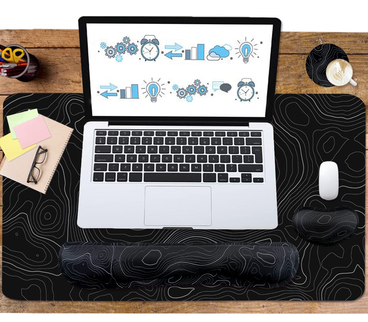 Topographic Mouse Pad Set, Extended Mouse Pad+Keyboard Wrist Rest, Memory Foam Ergonomic Easy Typing, 4Pcs (35.4×15.7 in) Desk Pad Set for Home Office Study Game-Topographic Contour