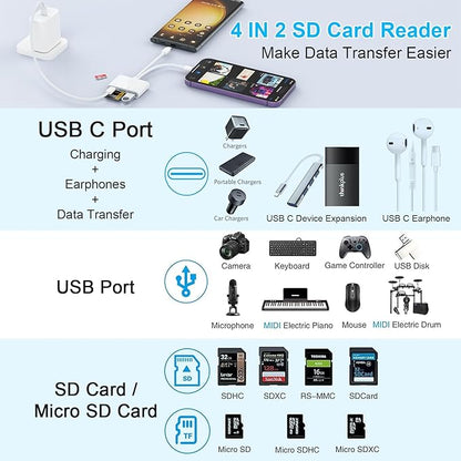 USB C Lightning SD TF Card Reader, 4-in-2 Memory Card Reader for iPhone 15/iPad/Mac/Laptop, Dual Connector Digital Camera Card Adapter with SD+TF+USB OTG+USB C Charging for Photography, Plug and Play