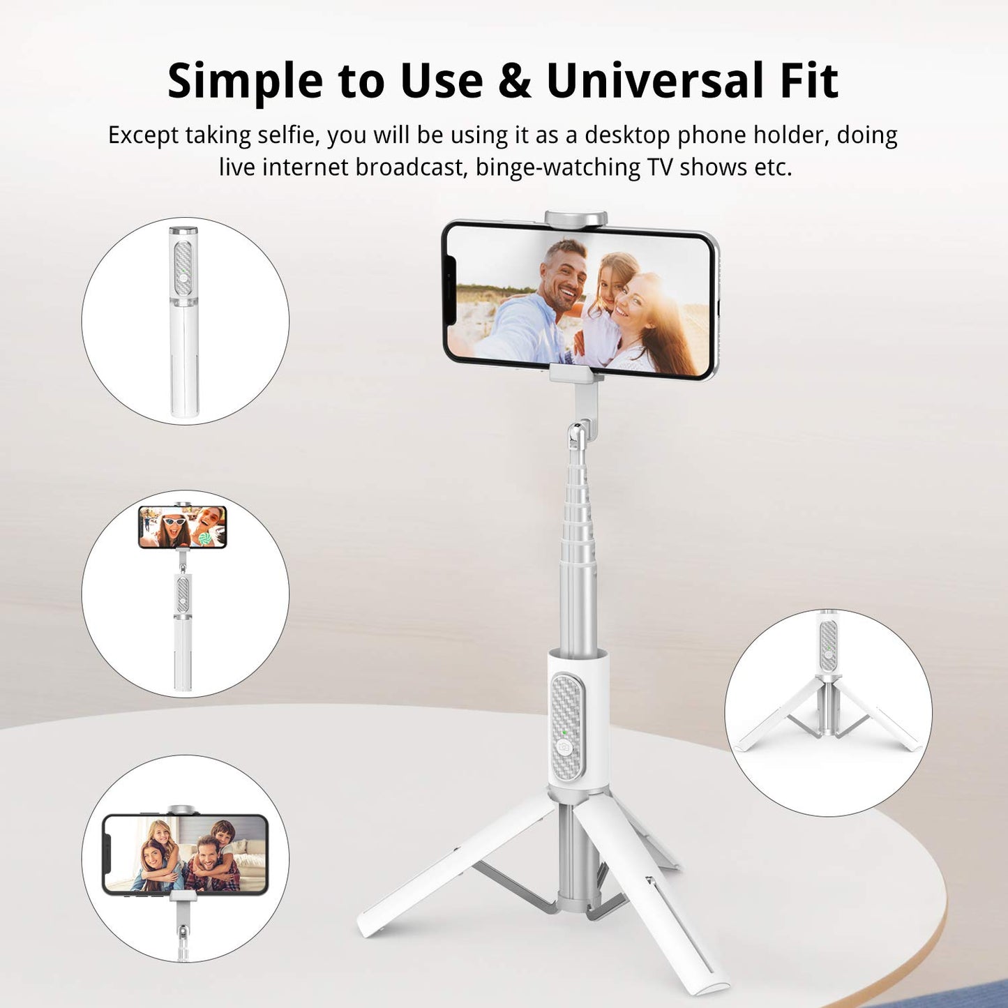 ATUMTEK Selfie Stick Tripod, 3-in-1 Extendable Aluminum Phone Tripod with Detachable Bluetooth Remote, Compatible with iPhone 17/16/15/14/13/12/11/11 Pro/XS Max/XR and Samsung Smartphones, White