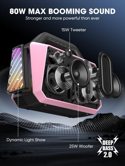 TPWIN Wireless Bluetooth Speakers - Portable Speaker 80W Peak, 20H Playtime, Light Shows, Loud Speaker with Strong Bass, BT 5.3, TWS, IPX6 Waterproof for Home Travel Outdoor Beach Camping - Pink
