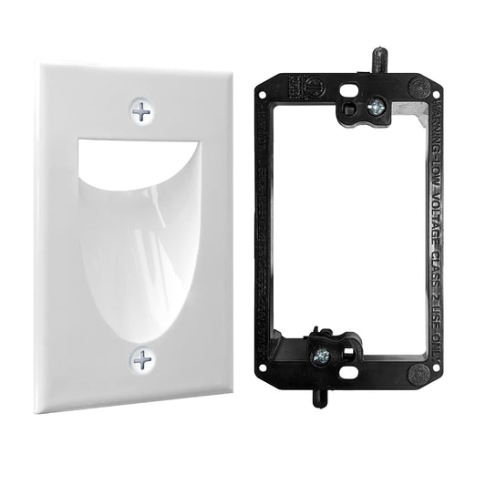 1 Pack Wall Plate Cable Pass Through with Bracket - In Wall Cable Management Kit - Recessed Cable Wall Plate Pair with Single Gang Low Voltage Mounting Bracket - Decorator Cover for Low Voltage Cables