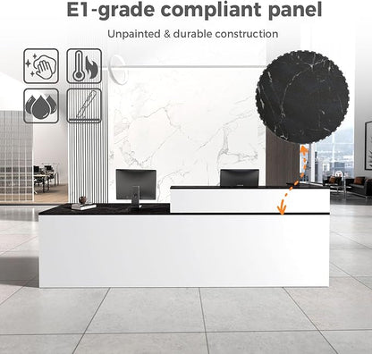 Reception Desk with Counter, Modern Front Desk Reception Counter with Keyboard Tray, Lockable Drawer and Storage Shelves for Office, Retail, Salon (White+Black/Left, 71" L*24" W*39" H)