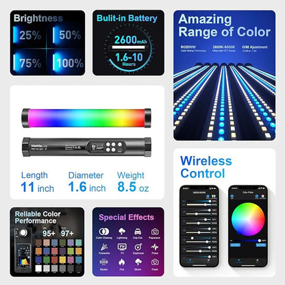 Mettlelite TLX1 RGB Tube Light LED Full Color Portable Video Light with APP Control 2800K-8000K CRI96 TLCI97 360° RGB CCT HSI Mode 10 Customizable Light Effects Rechargeable Battery Magnet Design