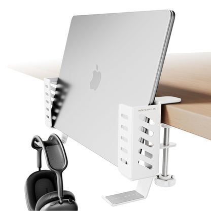 Desk Side Laptop Holder, Desk Side Storage, No Drill Side Desk Organizer, Side Desk Laptop Mount, Tablets Hanging Holder, Clamp on Desk Organizer for Laptops/Tablets/Keyboards/Headphone, White