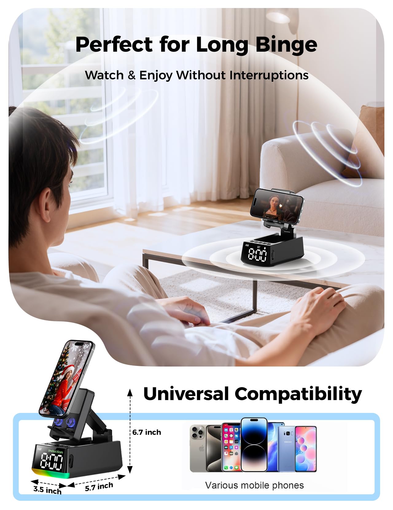 Bluetooth Speaker Birthday Gift for Men:Induction Cell Phone Stand Black