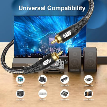 EMK RCA to RCA Subwoofer Cable – 24K Gold-Plated Connector Nylon Braided Double Shielded Audio Cable Digital&Analog Signal Support for Amplifiers Subwoofer Home Theater Hi-Fi Systems Black/25ft/8m