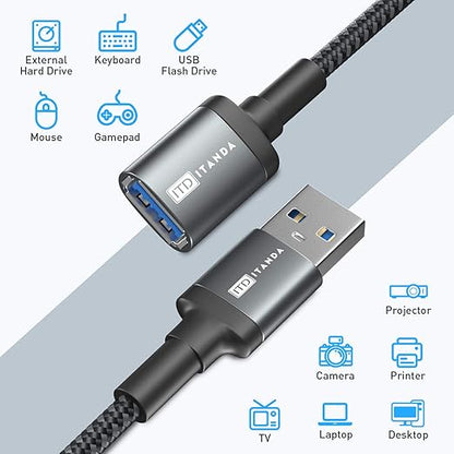 ITD ITANDA 15FT USB Extension Cable USB 3.0 Extension Cord Type A Male to Female 5Gbps Data Transfer for Keyboard, Mouse, PlayStation, Xbox, Flash Drive, Printer, Camera and More, Grey