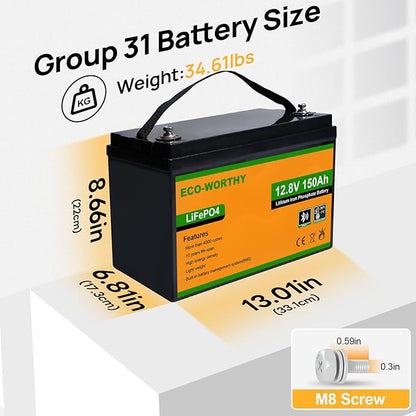 ECO-WORTHY 12V 150AH Bluetooth LiFePO4 Lithium Battery with Low Temperature Protection, Built-in 120A BMS, Perfect for Trolling Motor, Boat, RV, Camping, Home Energy Storage