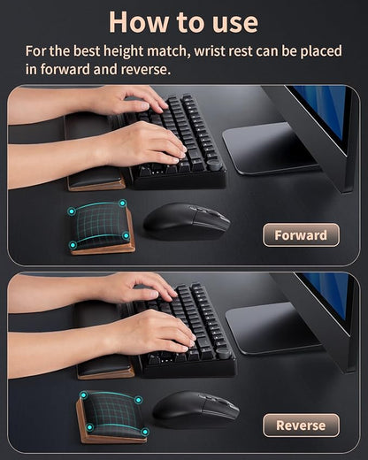 ASFSKY Keyboard and Mouse Wrist Rest Set - Memory Foam & Wooden Base Ergonomic Wrist Support Pad with PU Leather Cover, Non-Slip, Durable & Easy-to-Clean Wrist Cushion for Office, Gaming Desk