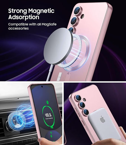 Magnetic for Samsung Galaxy S24 FE Case [Compatible with MagSafe][Built-in Camera Lens Protector] Slim Soft Silicone Bumper Shockproof Metallic Luster Phone Cover (Rose Gold)