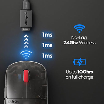 Pulsar Gaming Gears - Super Clear Limited Edition: X2H Mini Wireless Gaming Mouse, Symmetrical, Ultra Lightweight 1.83 oz (52g), PAW3395 26k DPI, Optical Switch (Mini, Clear Black)