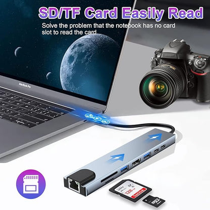 USB C HUB, 8 in 1 USB C Adapter with 4K HDMI, 100W PD, USB C Port, USB 3.0, RJ45 Ethernet, SD/TF Card Reader, Docking Station Compatible with MacBook Pro/Air USB C Laptops and Other Type C Devices