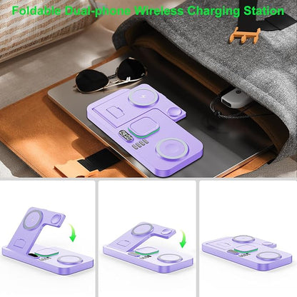 Dual Phone Wireless Charging Station for Apple Devices, Magnetic Charging Station for iPhone with Auto Switch 7-Color Light&Clock,Family Watch Charger for iPhone17 for iWatch10 for AirPods Pro3(Purple
