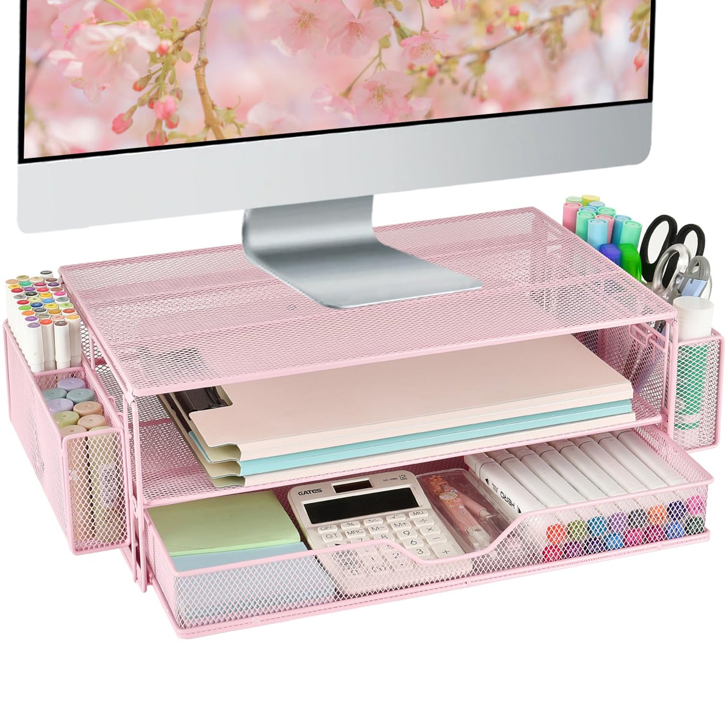 AUPSEN Computer Monitor Stands Riser，2-Tier Desk Organizers and Accessories, Office Desk Accessories Organizer with Drawers and 2 Pen Holder for Office Supplies (Pink)